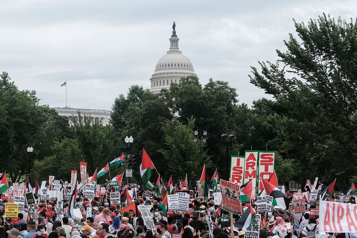 Protestors demonstrate on Capitol Hill on July 24, 2024 in Washington, DC. (Michael A. McCoy/Getty Images)